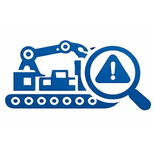 Ikona oee system z linią produkcyjną, ramieniem robotycznym i symbolem analizy przyczyn przestojów.
