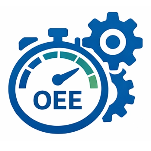 Ikona oee system w formie stopera z tarczą pomiarową i kołami zębatymi.