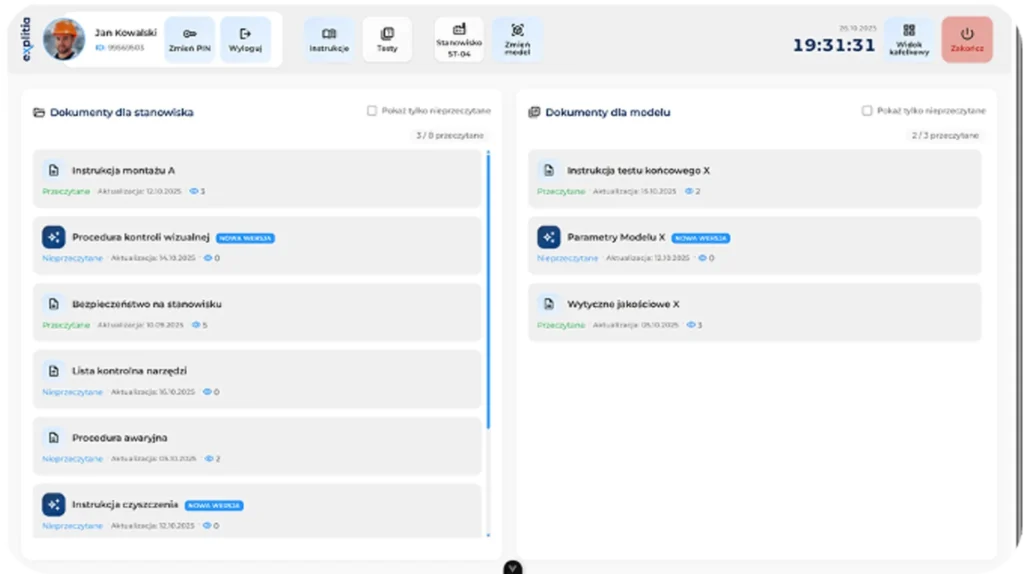 Dashboard e-instrukcje z instrukcjami pracy, raportami i testami wiedzy operatorów. Poznaj explitia.e-instructions w praktyce