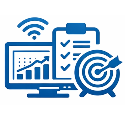 OEE system icon with a monitor, chart, checklist, and target symbol for production monitoring.
