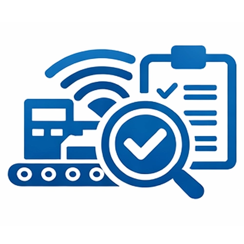 Ikona oee system z linią produkcyjną, dokumentem, symbolem Wi-Fi i lupą z haczykiem.