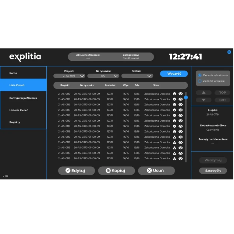 Dashboard program do zleceń produkcyjnych z widokiem realizacji zleceń i statusów operacji
