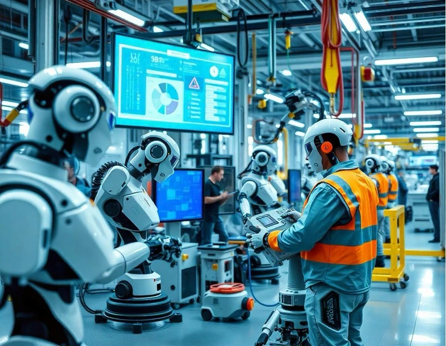 Cyfryzacja przemysłu - pracownicy fabryki wykorzystujący technologię AI w codziennych zadaniach.