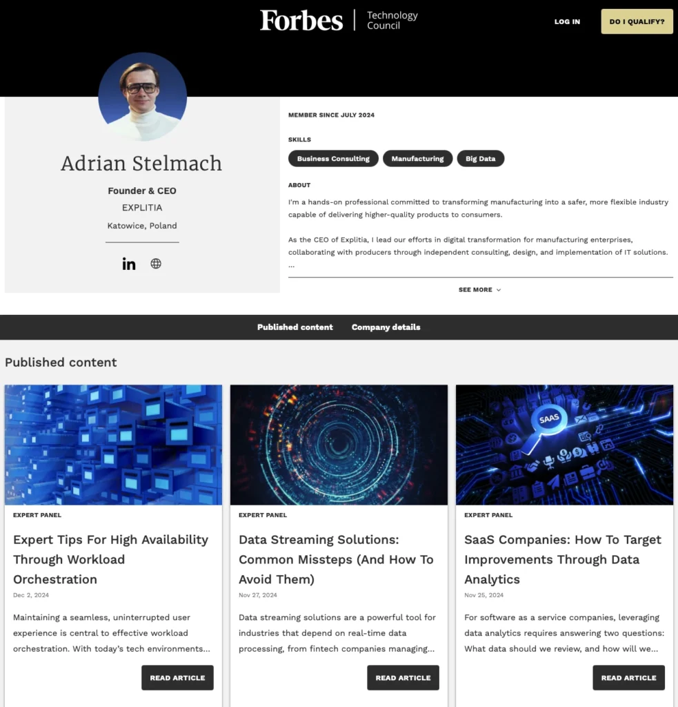 Publikacje Adriana Stelmacha, CEO explitia dla Forbes Technology Council. | Publications by Adrian Stelmach, CEO of explitia, for the Forbes Technology Council.