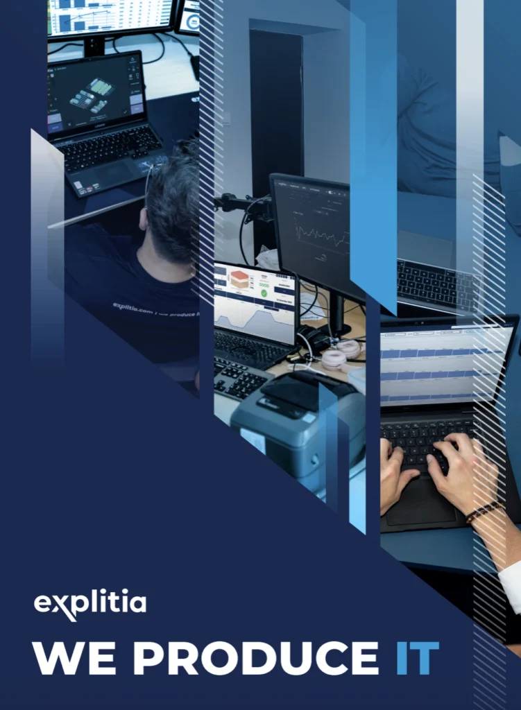 pierwsze wydanie rocznika explitia we produce it. Okładka 2024. Zbiór tekstów o Przemyśle 4.0 oraz nowych technologiach, w tym AI. | The first edition of the explitia annual report “We Produce IT”. Cover 2024.  A collection of articles on Industry 4.0 and emerging technologies, including AI.