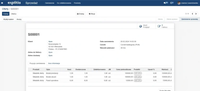 explitia ERP składniki ofertowe Sprzedaż