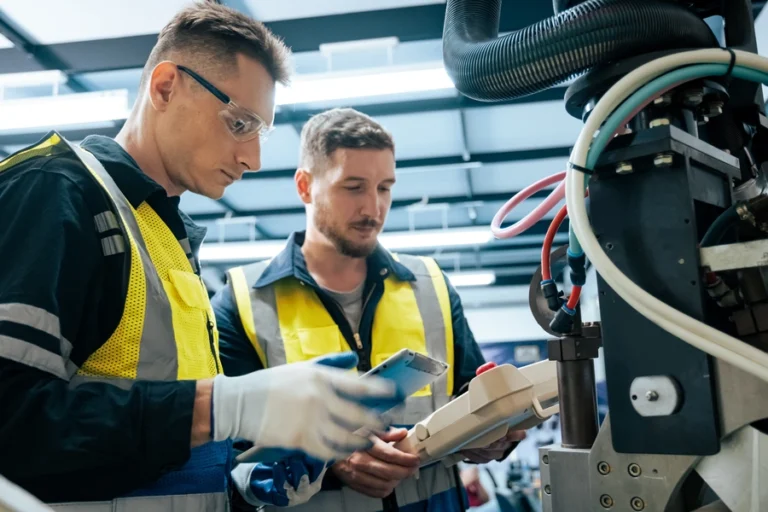 Dwóch robotników przy maszynie
