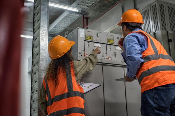 system EMS (Technicy w kaskach i kamizelkach ochronnych sprawdzają panel sterowania instalacją energetyczną)