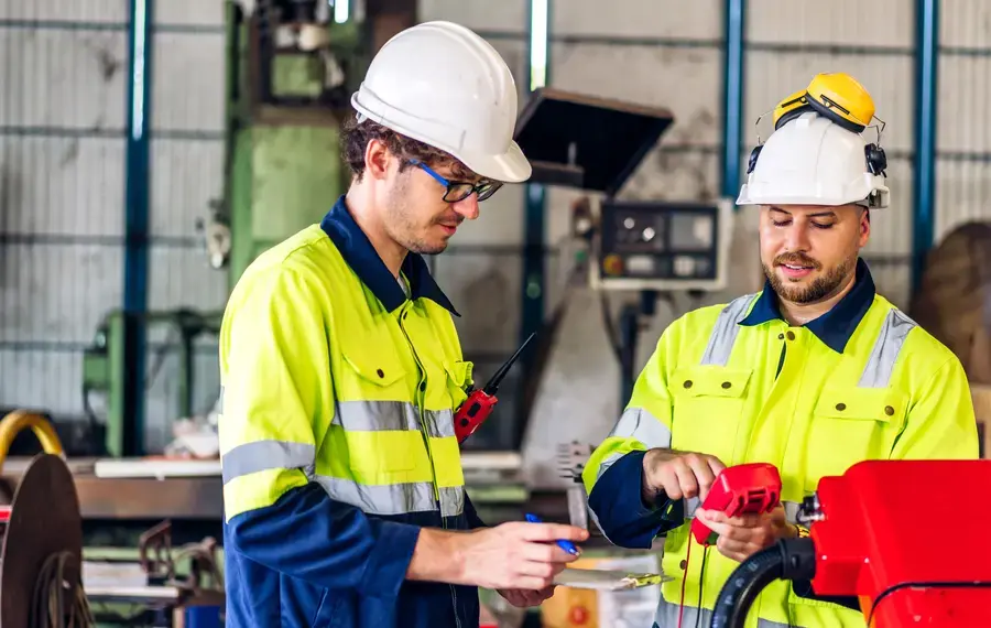 system planowania produkcji (Dwóch pracowników produkcji w kaskach i odzieży ochronnej współpracuje przy urządzeniu w hali przemysłowej)