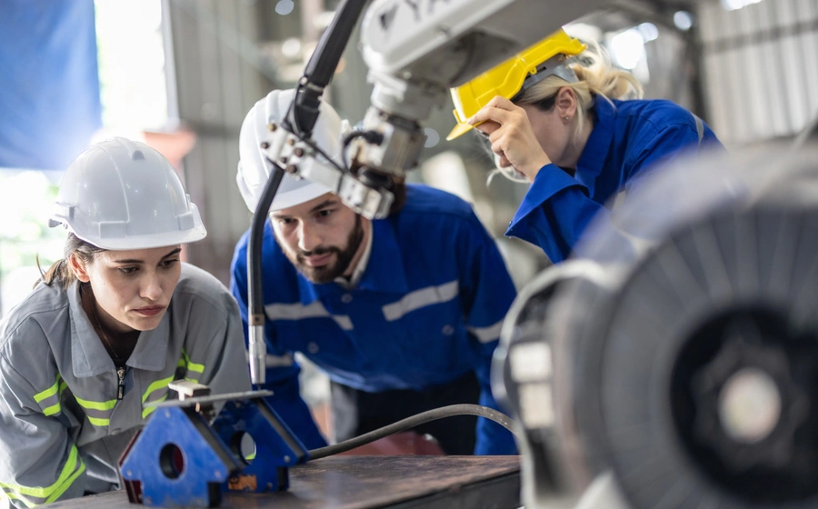 system raportowania produkcji (inżynierowie na produkcji przyglądają się maszynom)