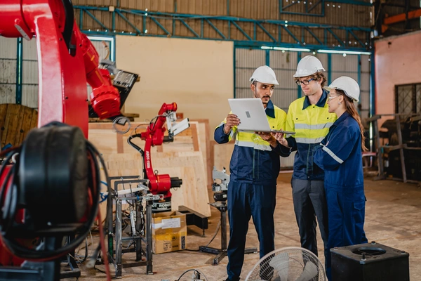 system zarządzania energią (EMS) (Inżynierowie analizują dane na laptopie podczas pracy przy robocie przemysłowym w zakładzie produkcyjnym)