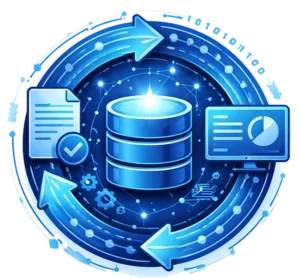 Moduł Forms pozwalający na rezygnacje z papierowego raportowania i cyfryzację obiegu danych w zakładzie. Ikona przedstawiająca obieg informacji.