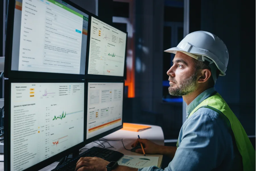 HMI vs SCADA - najpierw zbadaj proces (zdjęcie operatora sprawdzającego status na monitorach)