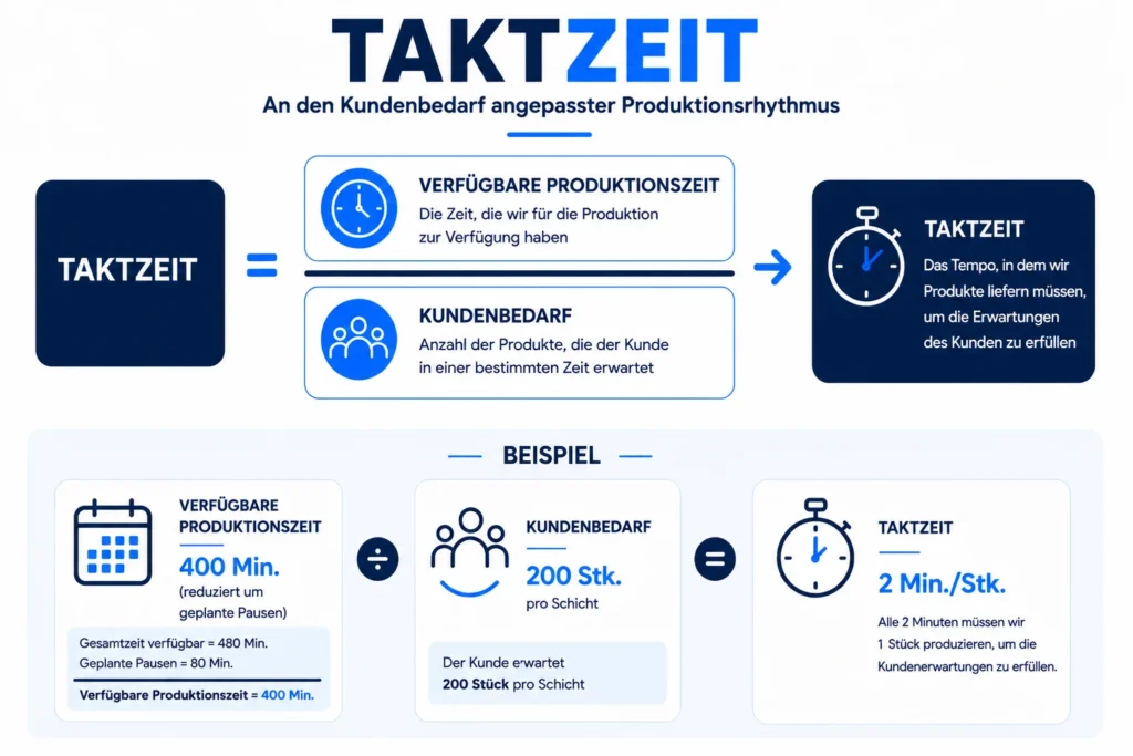 Taktzeit – Infografik mit Berechnung und Beispiel
