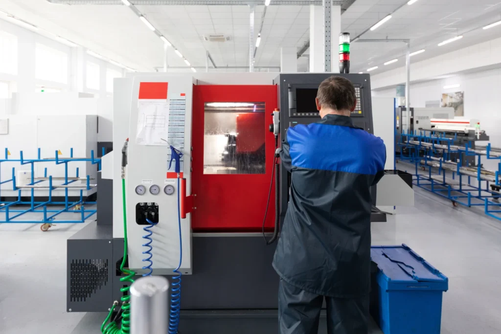 Machine downtime analysis – move from missing time to eliminating its root cause (photo of an operator at a control cabinet)