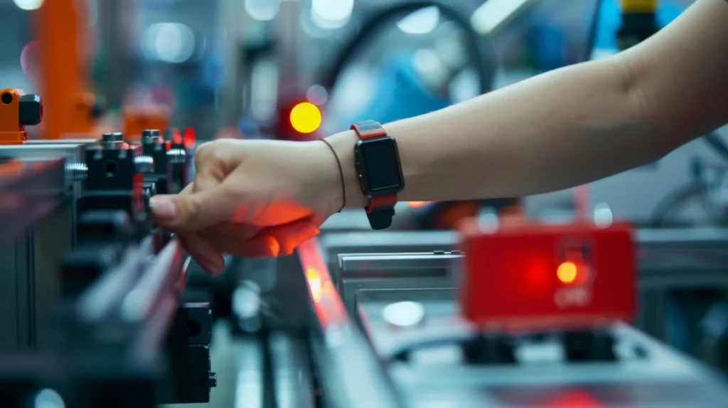 Machine downtime analysis – automatically record state changes (photo of a hand pressing a machine button)